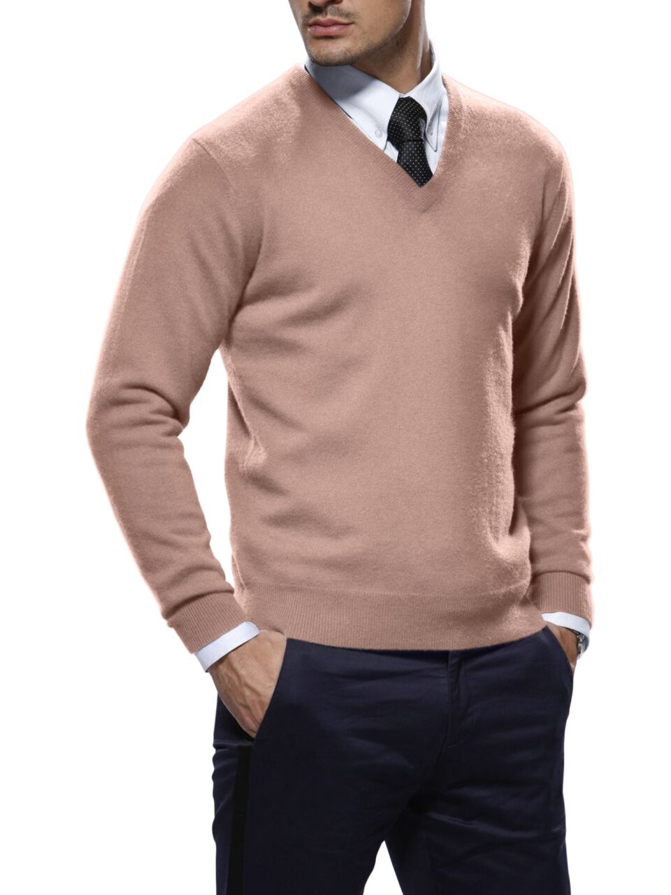 (product) Pink Merino Wool V-Neck Sweater