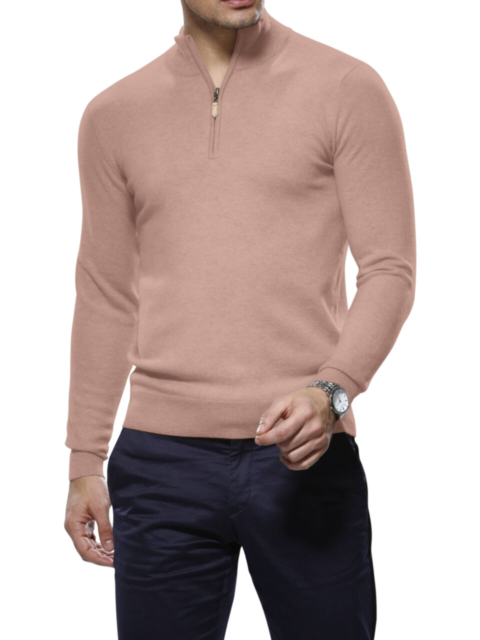 (product) Pink Merino Wool 1/4 Zip Mock Sweater
