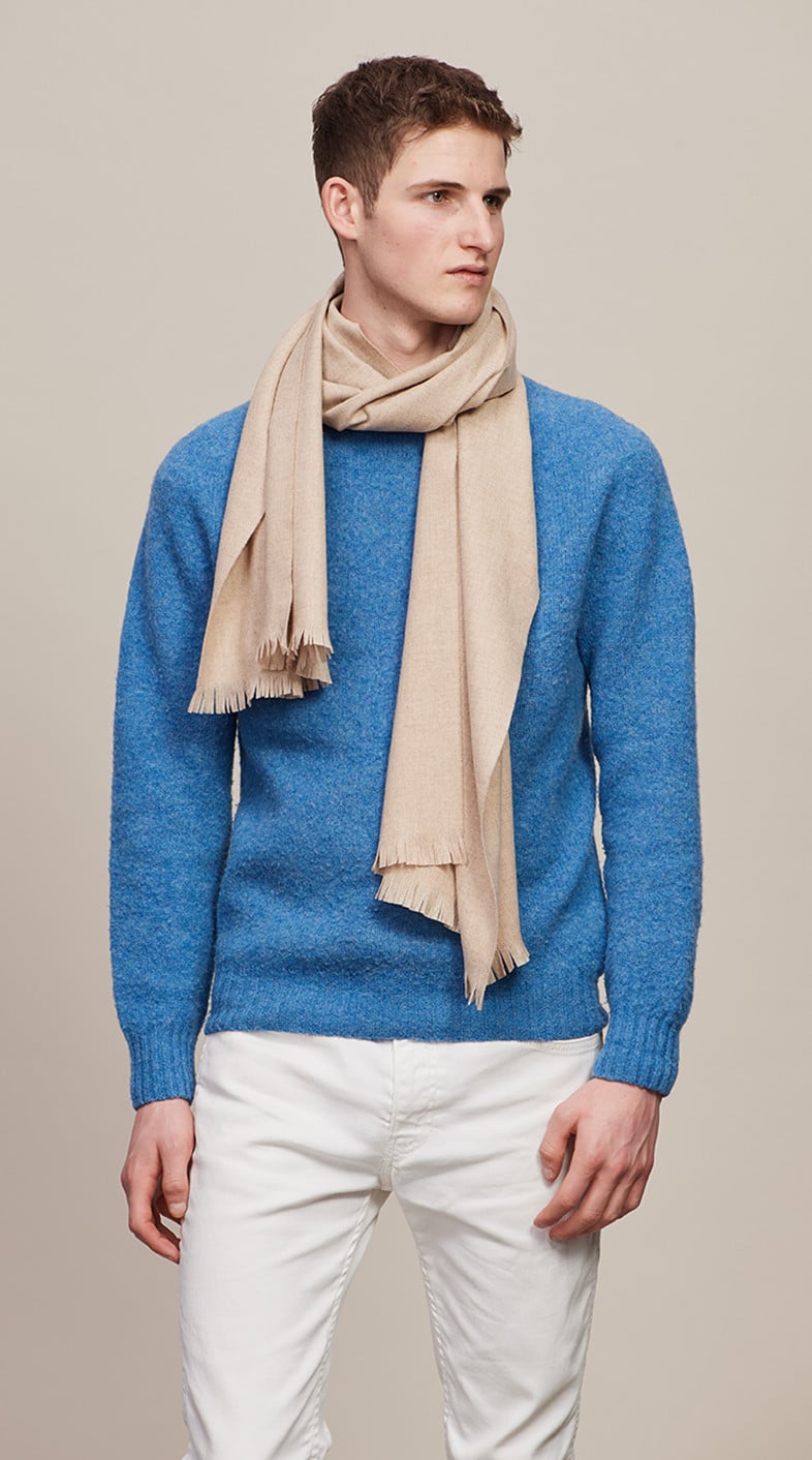 (product) Oatmeal Solid Lightweight Escorial Scarf worn by a model