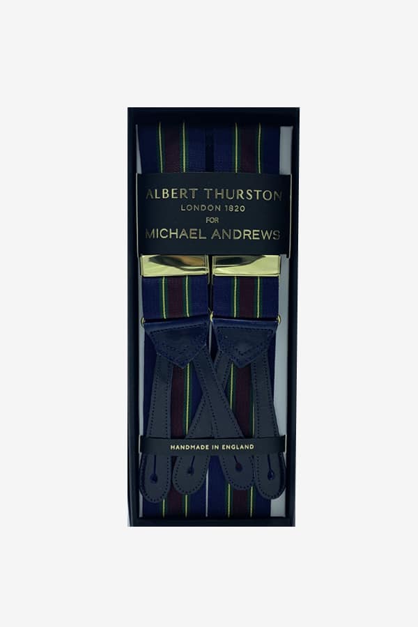 Albert Thurston Blue with Green, Wine & Yellow Stripe Suspenders (Short)