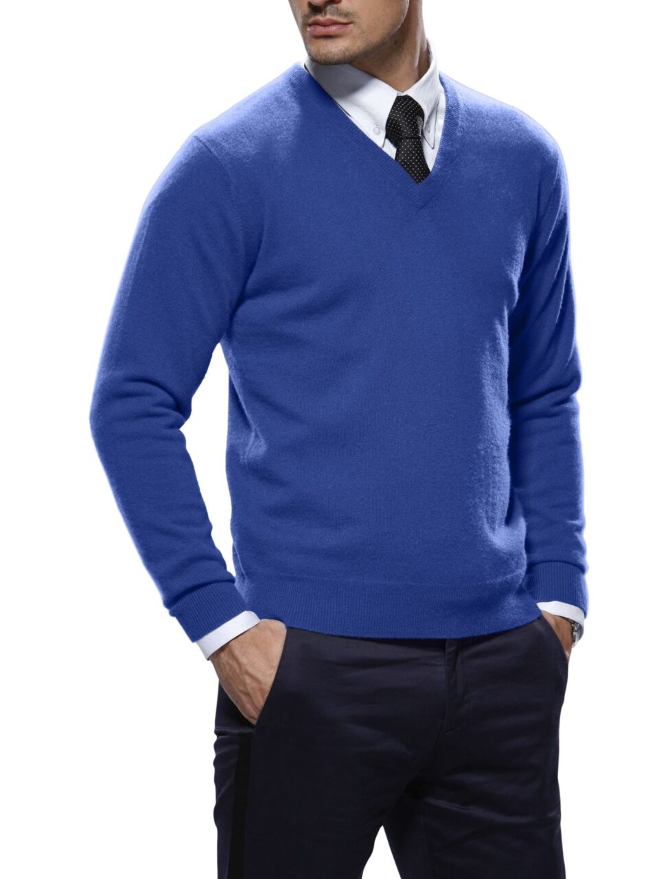(product) Prussian Blue Merino V-Neck Sweater