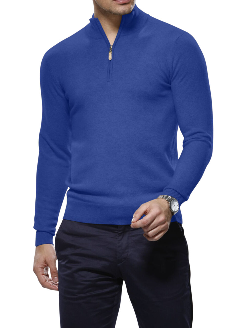 (product) Prussian Blue Merino Wool 1/4 Zip Mock Sweater
