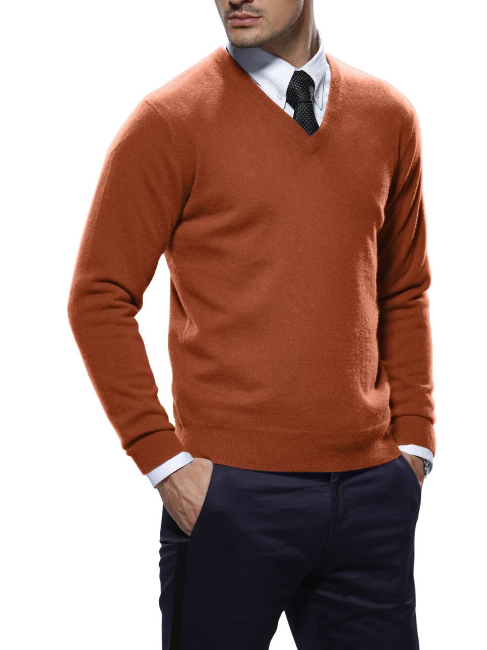 (product) Orange Cashmere V-Neck Sweater