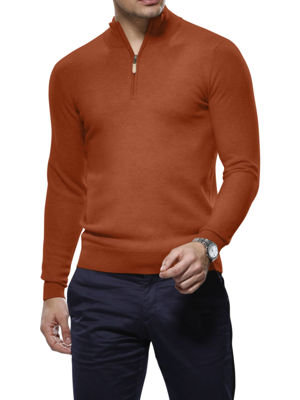 (product) Rust Merino Wool 1/4 Zip Mock Sweater