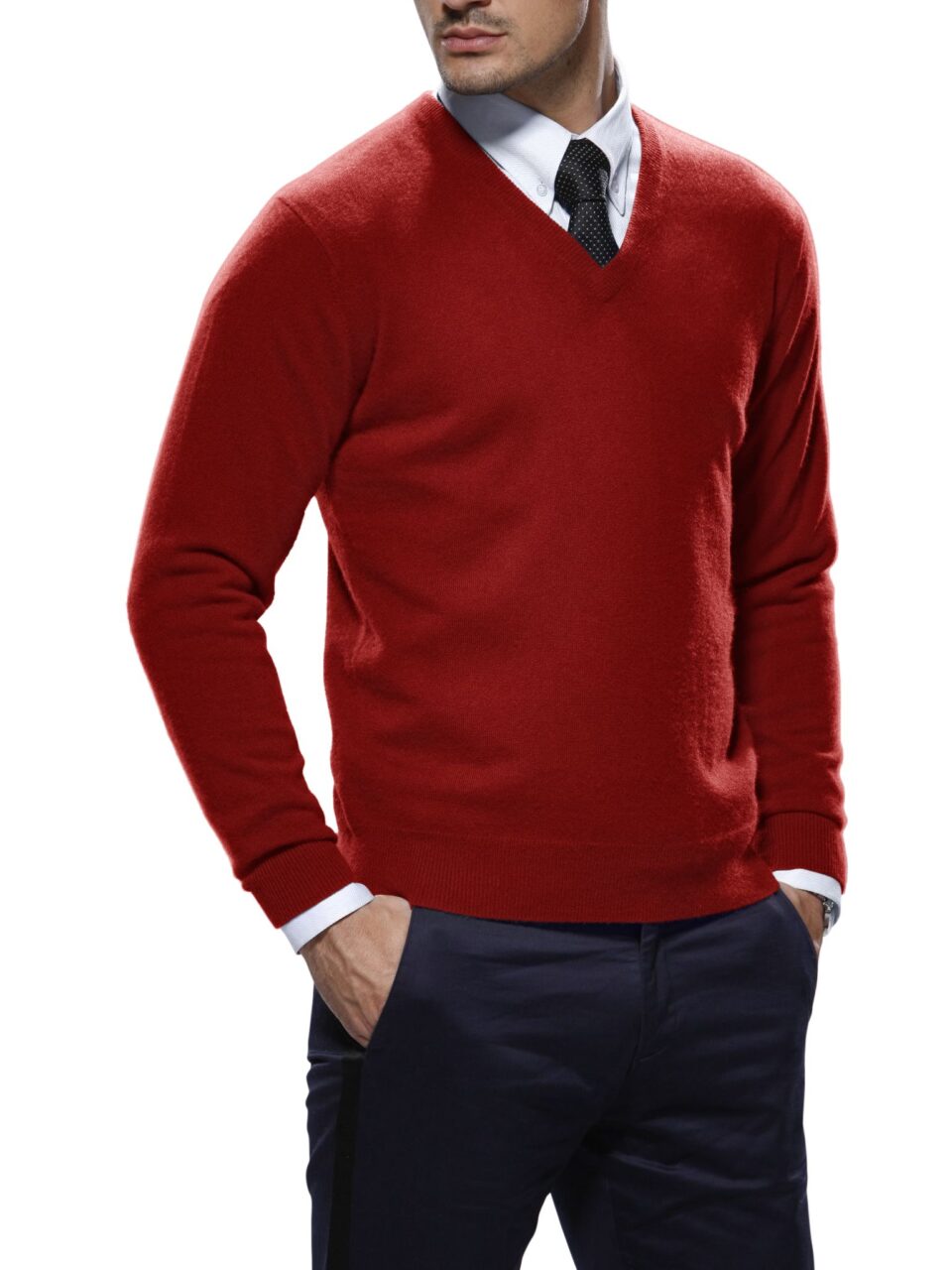 (product) Red Merino Wool V-Neck Sweater