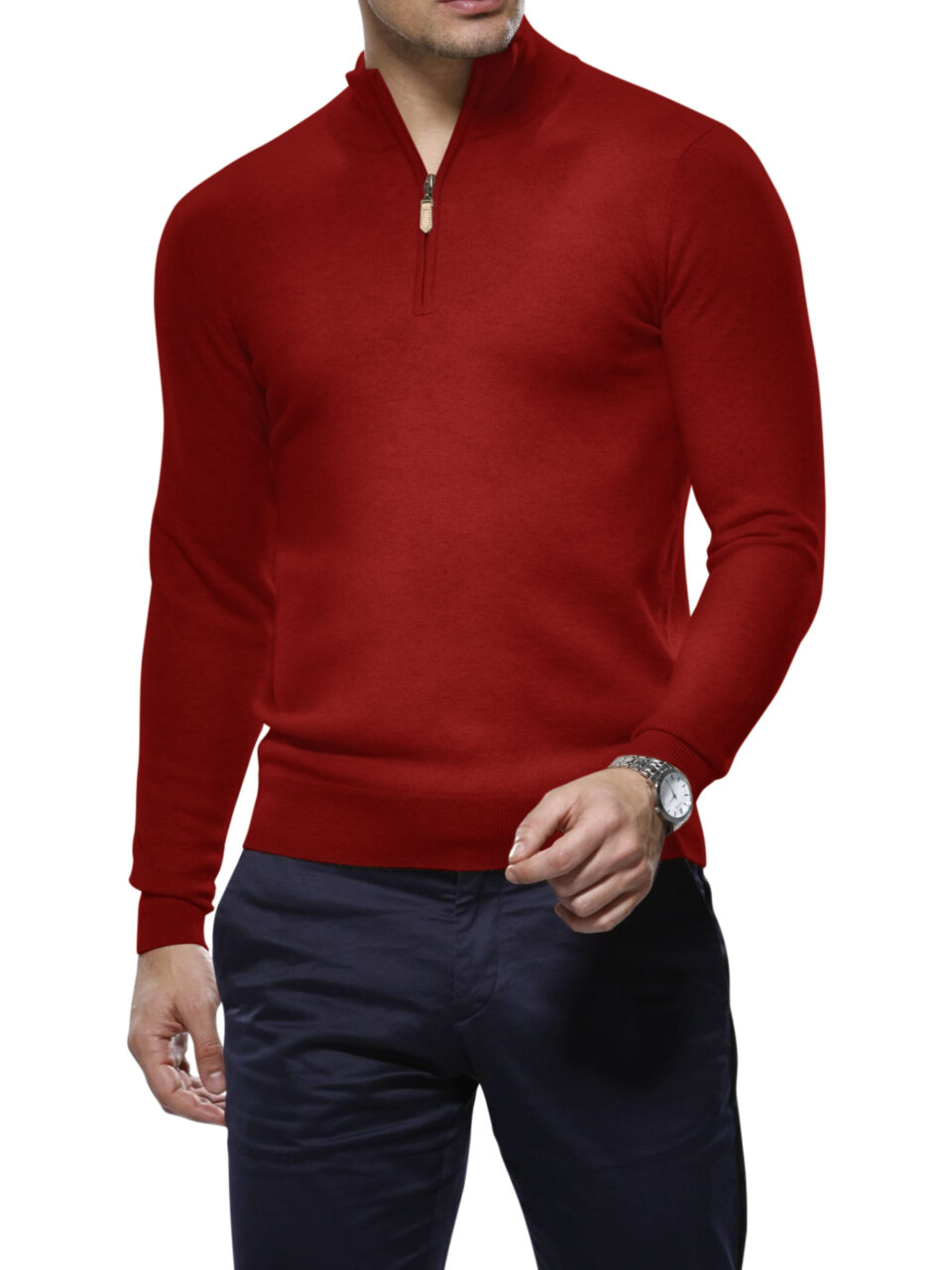 (product) Red Merino Wool 1/4 Zip Mock Sweater
