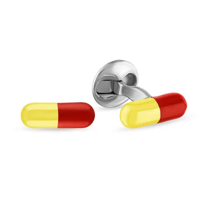 (product) The Happy Pill Cufflinks, red and yellow capsule design