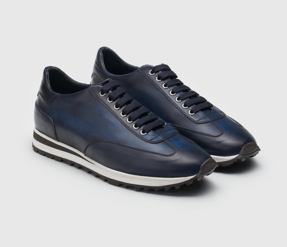 (product) Trieste Navy Dress Sneaker, Front view of the pair