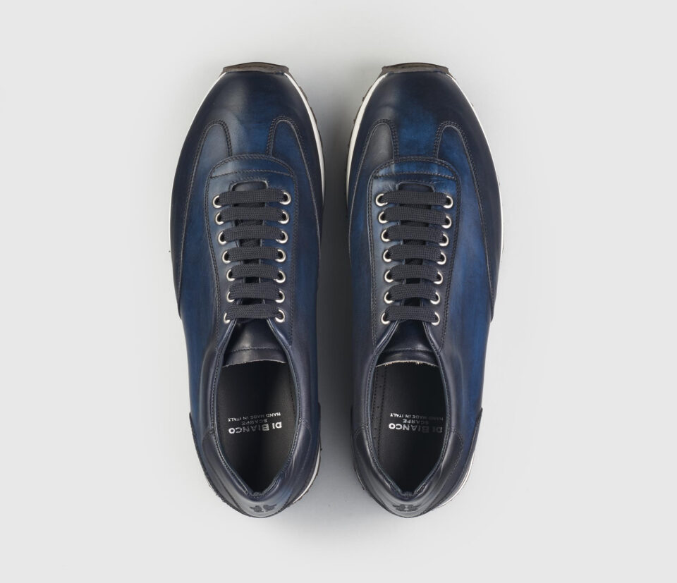 (product) Trieste Navy Dress Sneaker, Top view of the pair