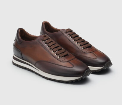 (product) Trieste Brown Leather Dress Sneakers, Front view of the pair