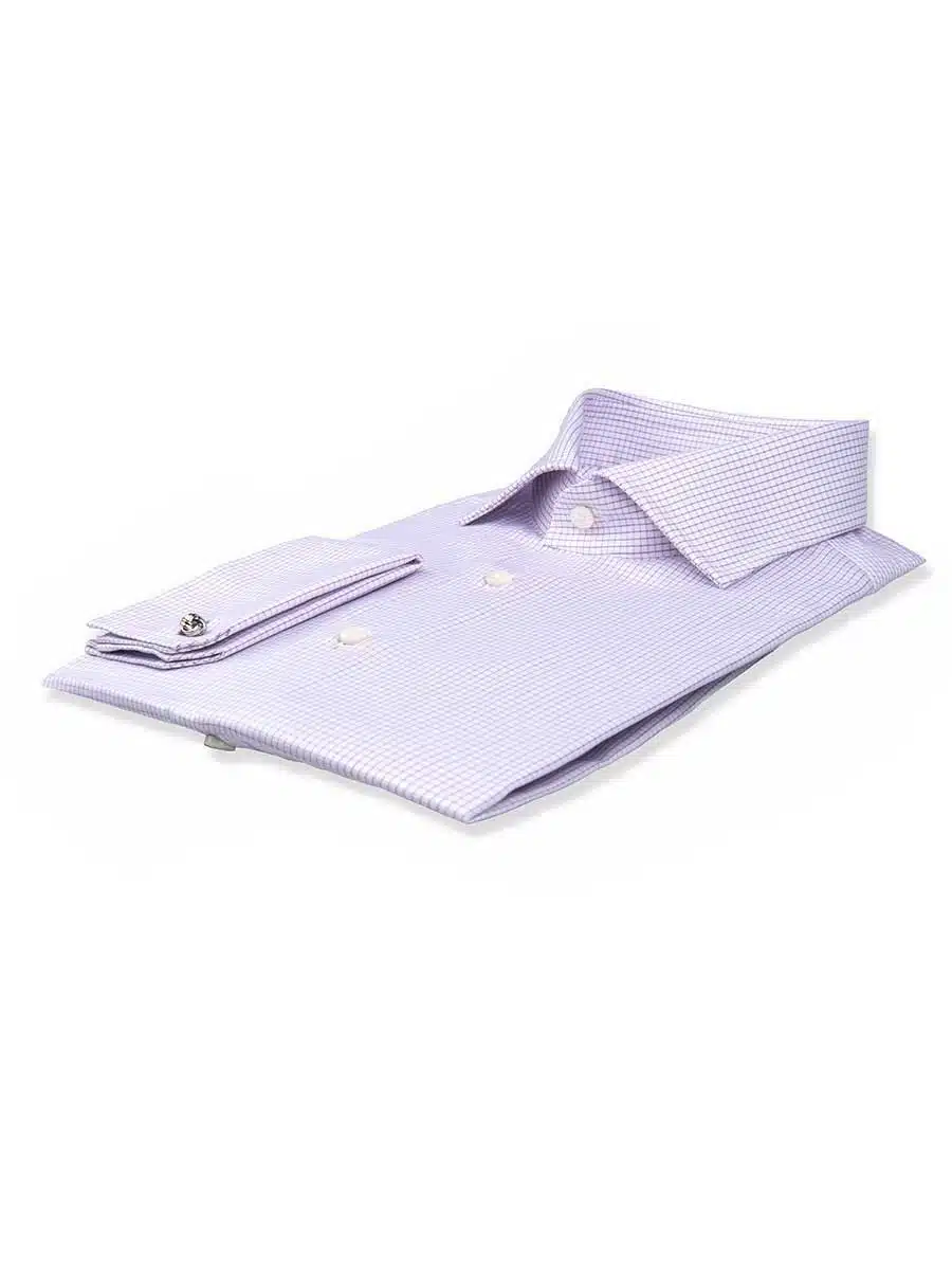 (product) Lavender Textured Micro Check Spread Collar Shirt, folded and displayed flat
