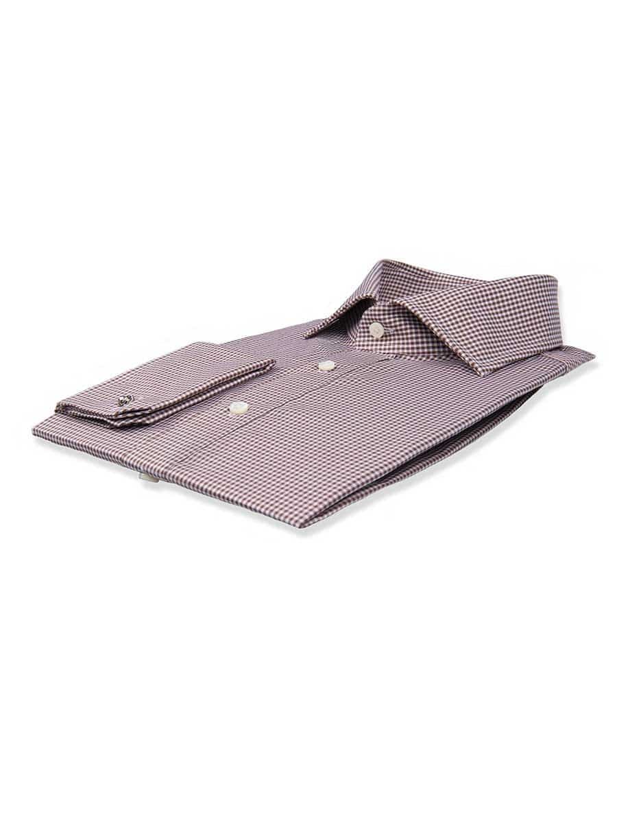 (product) Brown Textured Micro Gingham Spread Collar Shirt, folded and displayed flat