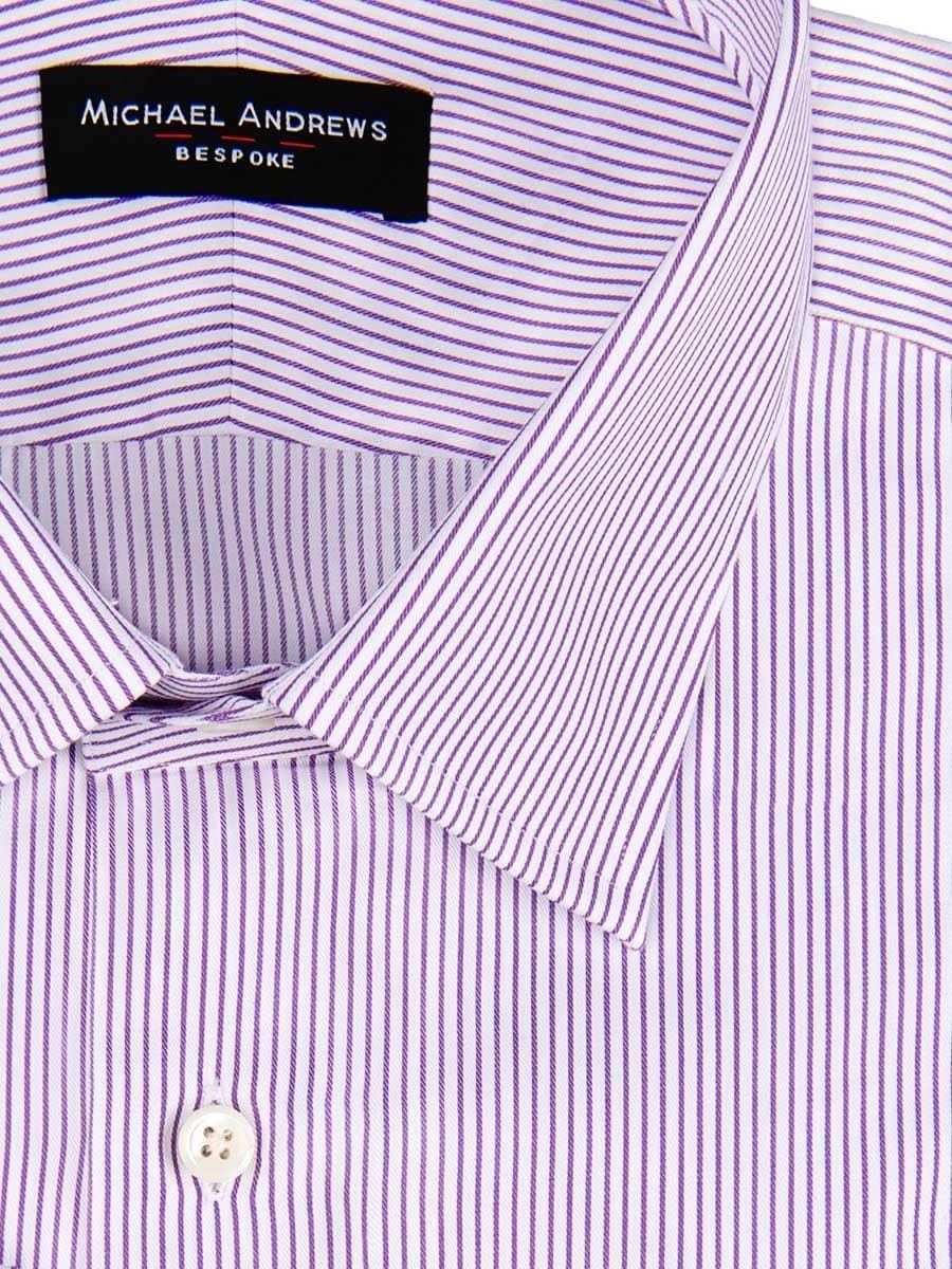 (product) Purple Thin Stripe Classic Collar Shirt, close-up view of the collar