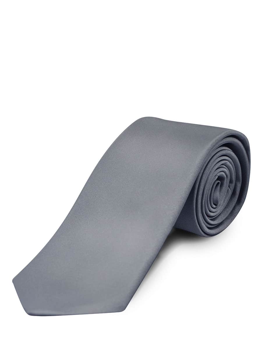 (product) Silver Fine Twill Solid Silk Tie, Rolled view