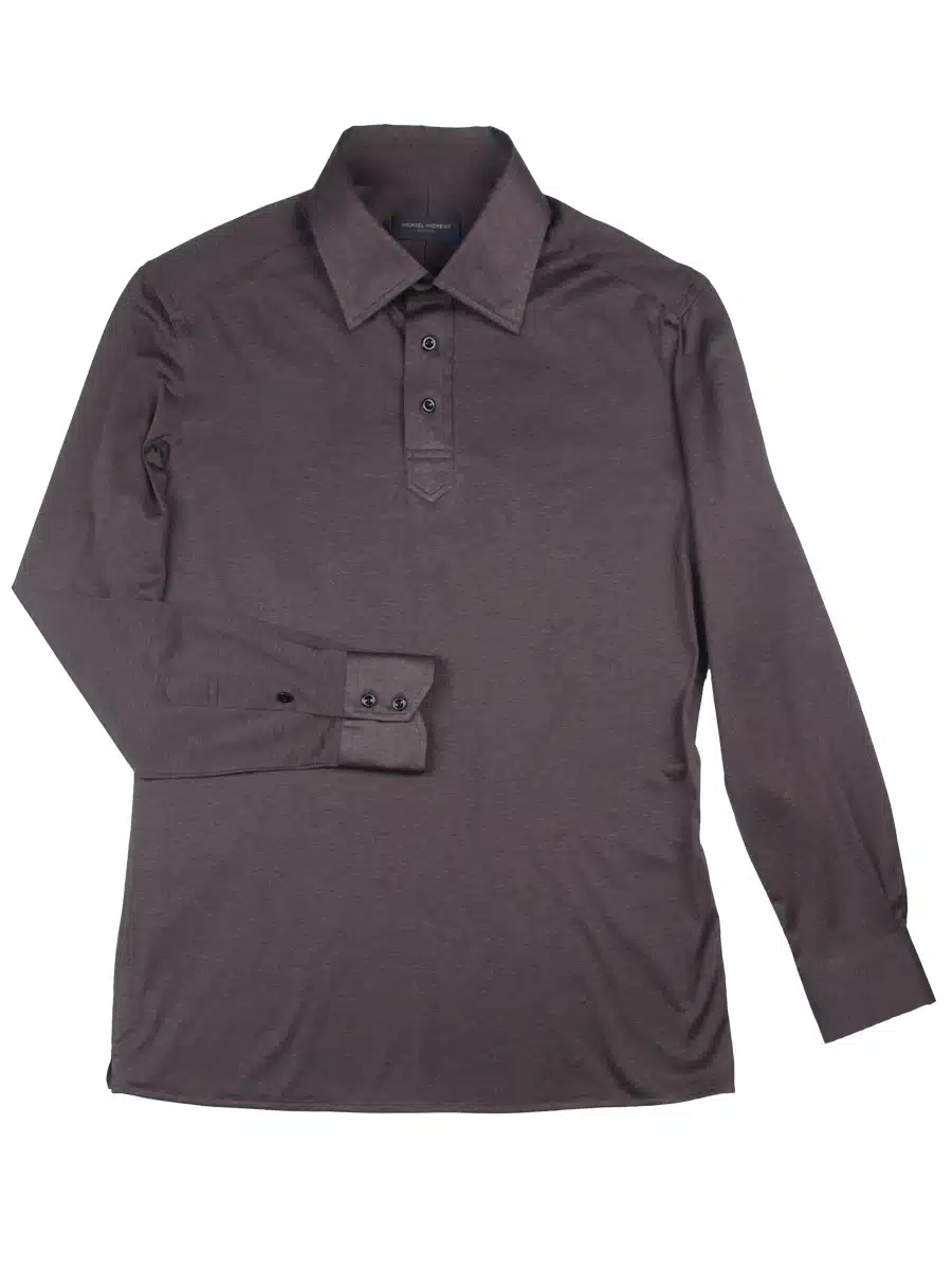 (product) Dark Brown Jersey Long Sleeve Polo Shirt, full view