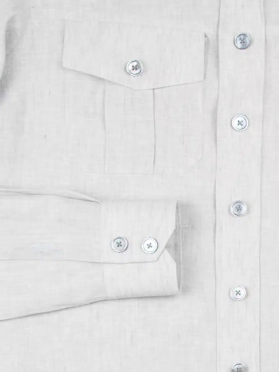 (product) Dove Grey Linen Field Shirt, detailed view of front pockets and buttons