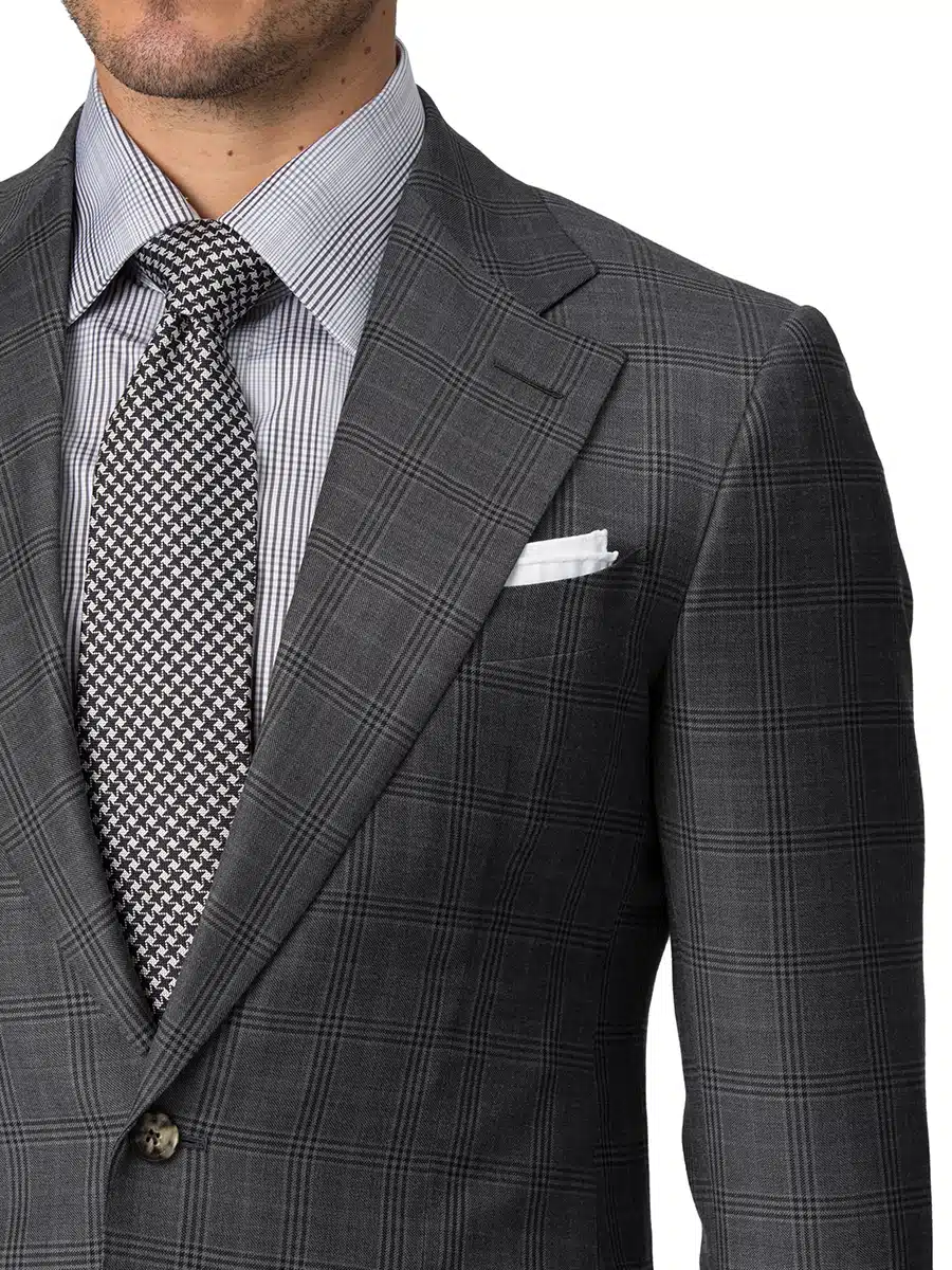 (product) Grey Macro Windowpane Bespoke Suit, lapel detail