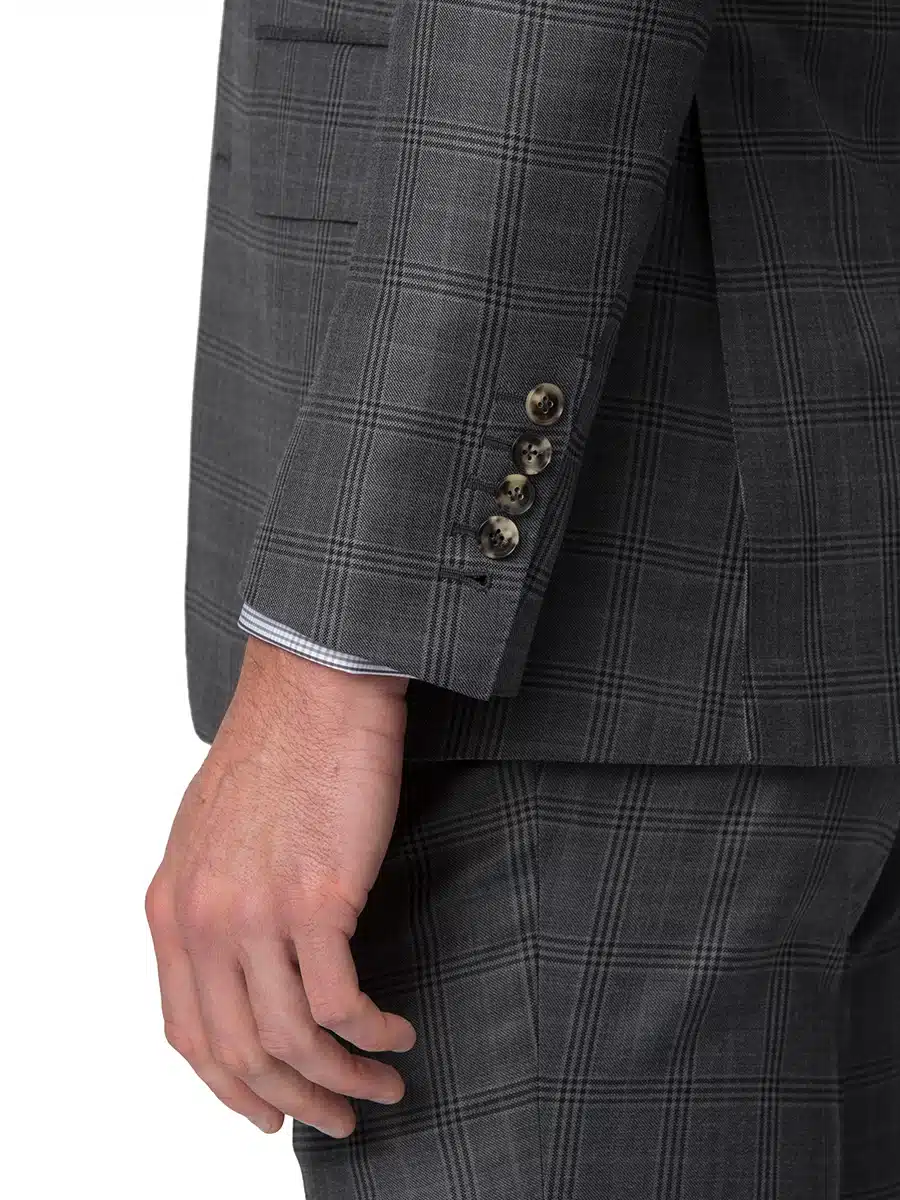 (product) Grey Macro Windowpane Bespoke Suit, cuff detail