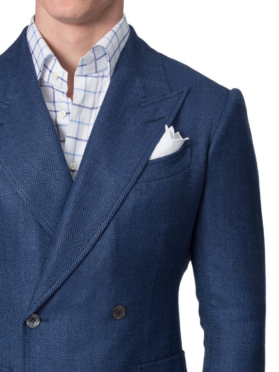 (product) Sky Blue Textured Herringbone Bespoke Sport Coat, lapel detail