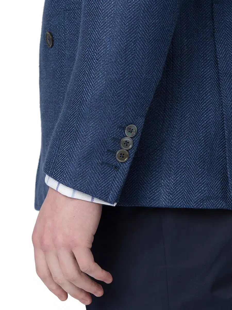 (product) Sky Blue Textured Herringbone Bespoke Sport Coat, cuff detail