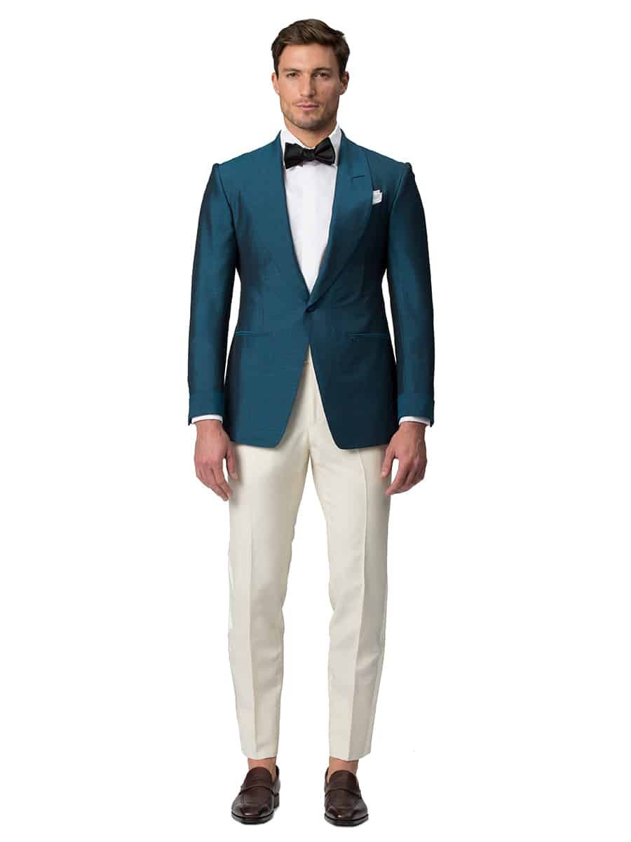 (product) Cream Bespoke Formal Trouser, paired with Emerald Bespoke Dinner Jacket, front view