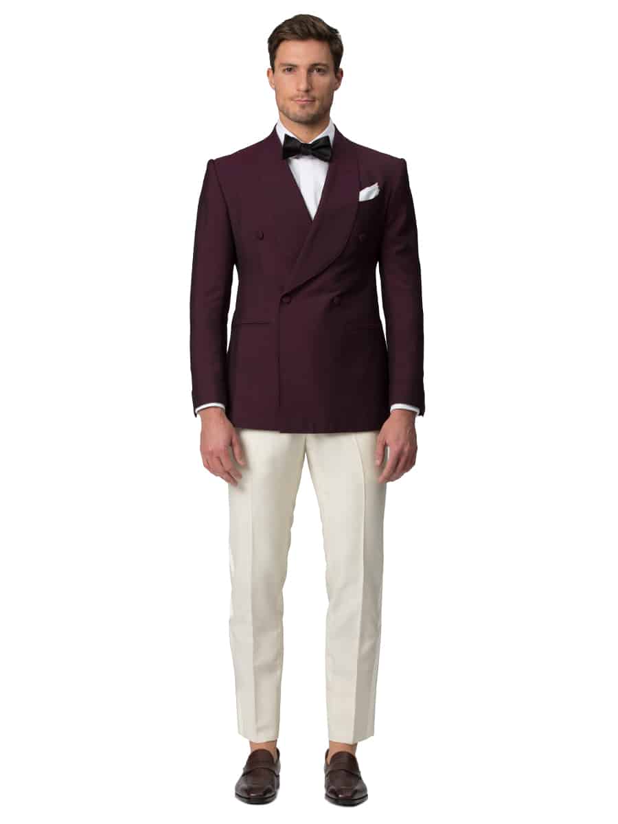 (product) Cream Bespoke Formal Trouser, paired with Berry Bespoke Dinner Jacket, front view