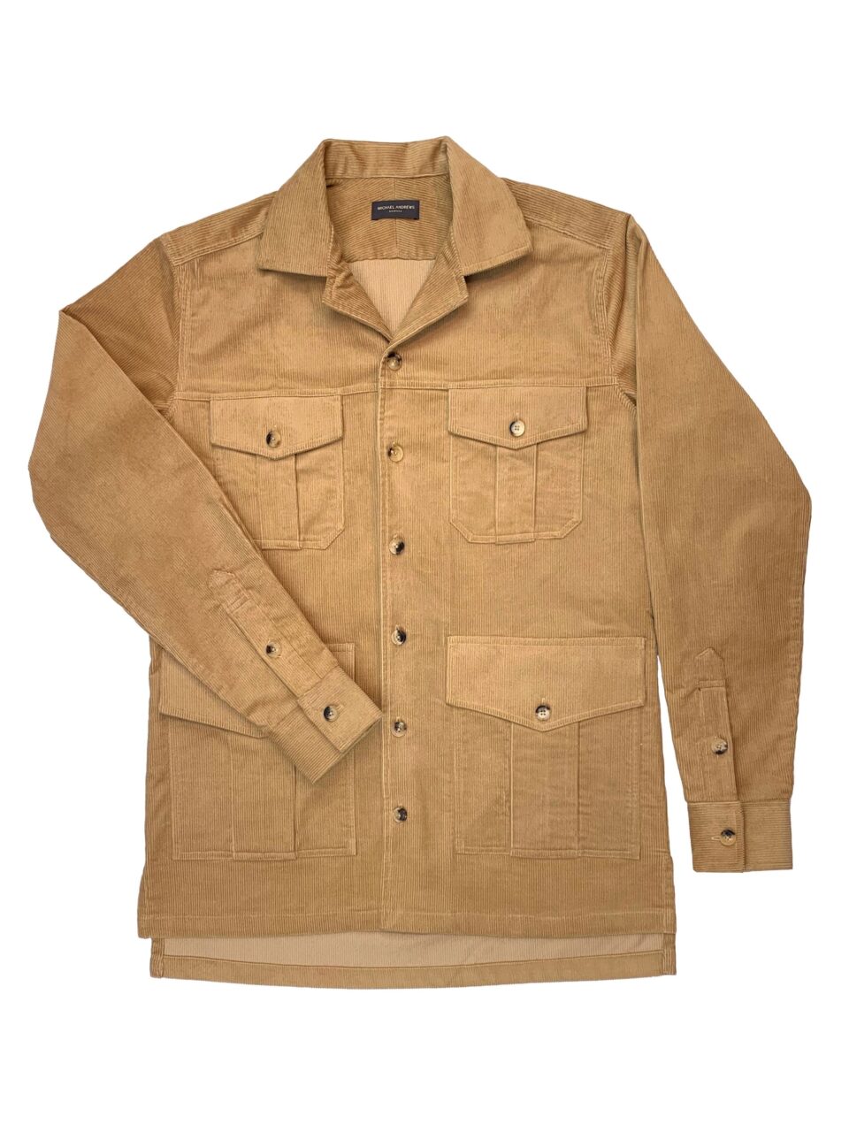(product) Light Brown Stretch Corduroy Safari Shirt Jacket with buttoned chest and waist pockets, laid flat for display