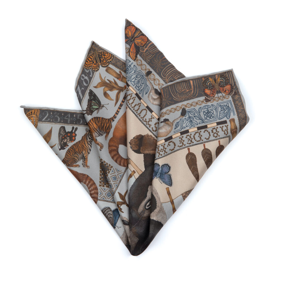 (product) The Butterfly Panda Silver/Smoke Pocket Square, Folded