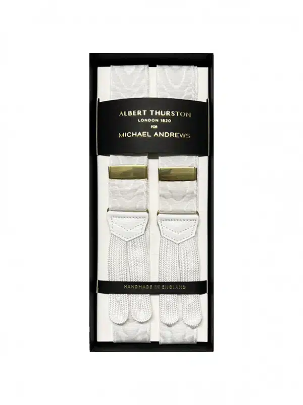 Albert Thurston White 32mm Moire Suspenders with Gold Hardware