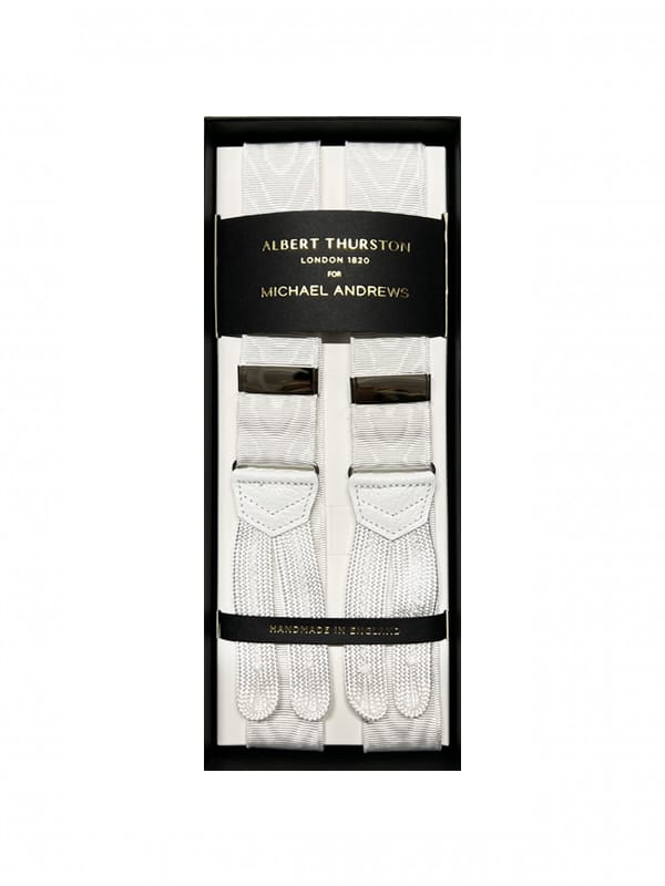 Albert Thurston White 32mm Moire Suspenders with Silver Hardware