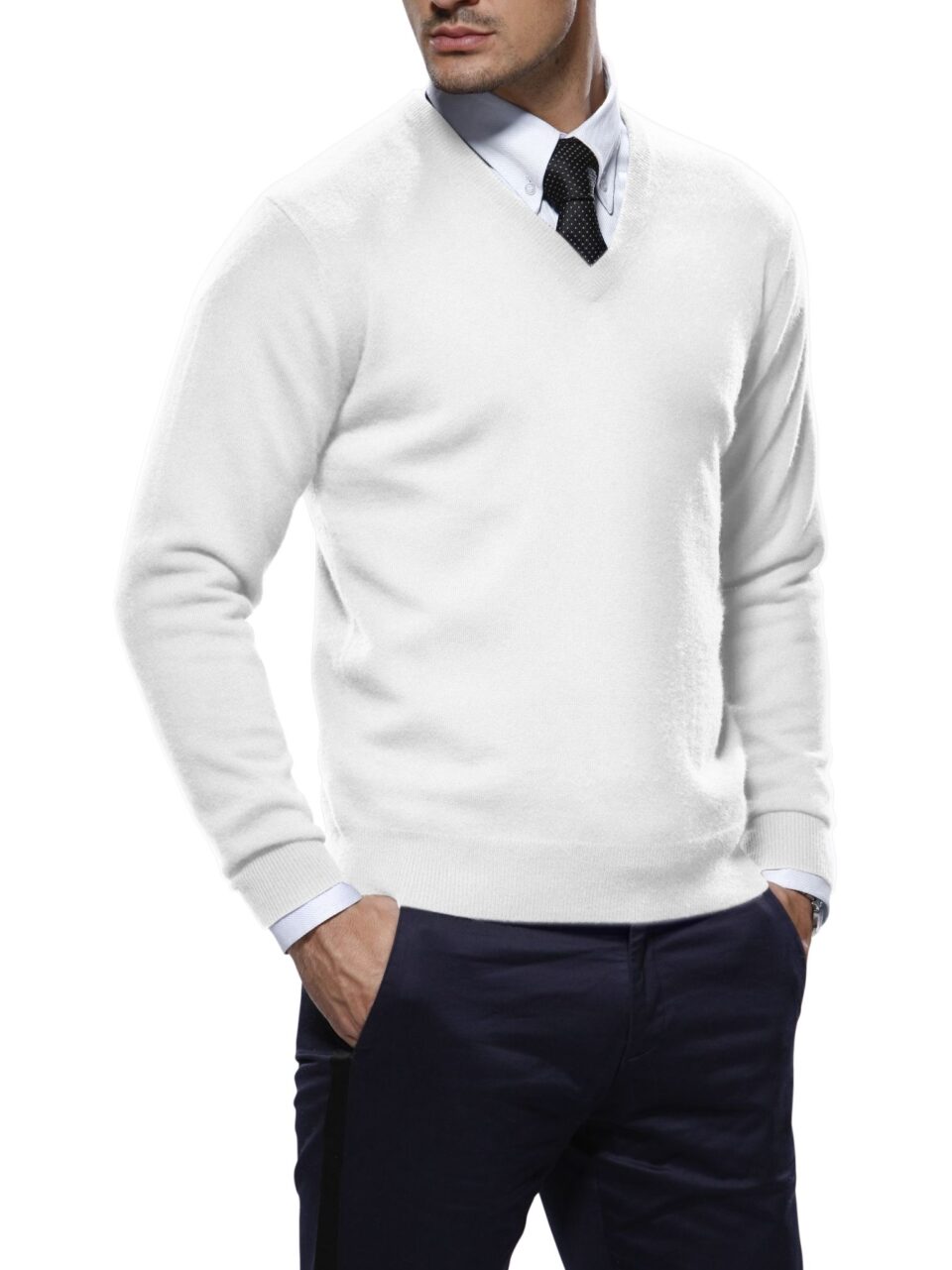 (product) White Pima Cotton V-Neck Sweater