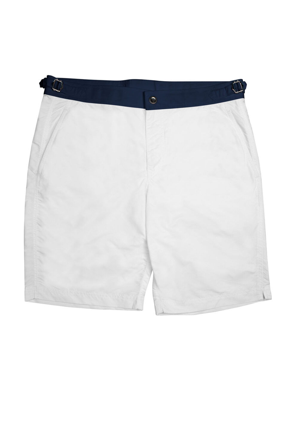 (product) White Swim Shorts with Navy Waistband