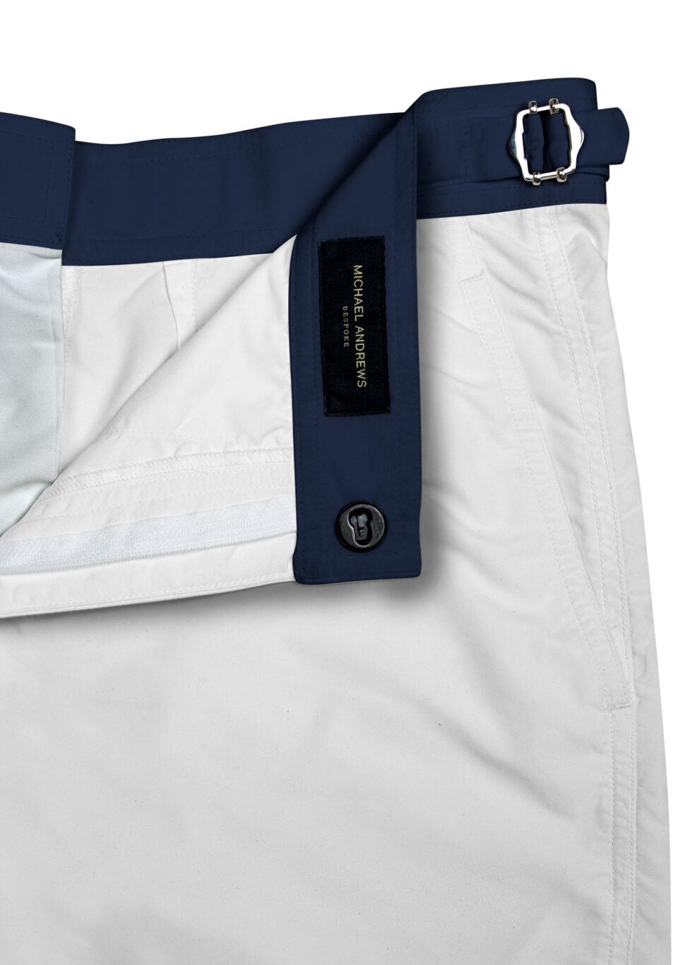 (product) White Swim Shorts with Navy Waistband, detailed view