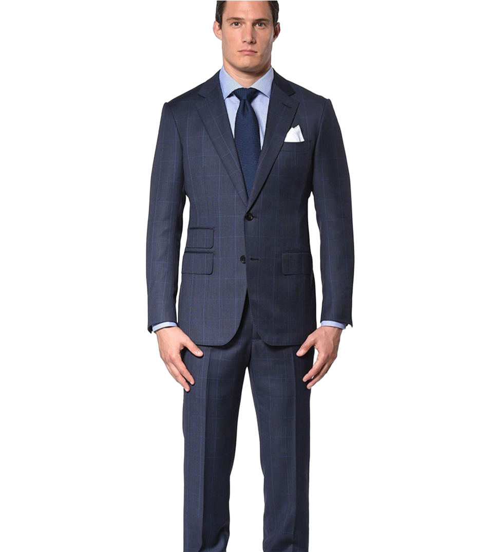 Marine Blue Glen Plaid WIndowpane Classic Bespoke Suit