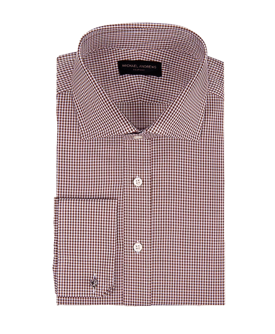 (product) Brown Textured Micro-Gingham, Spread-Collar Shirt