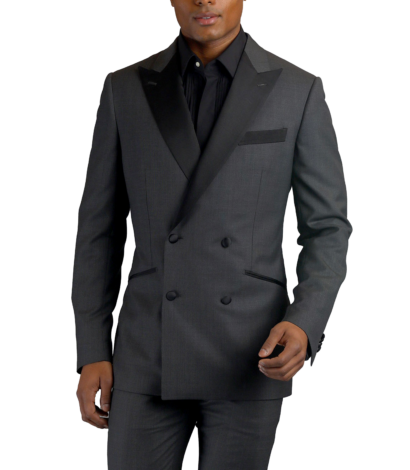 Grey double-breasted wool made-to-measure Tuxedo with contrast black satin trim - custom suits nyc bespoke tailor midtown, noho