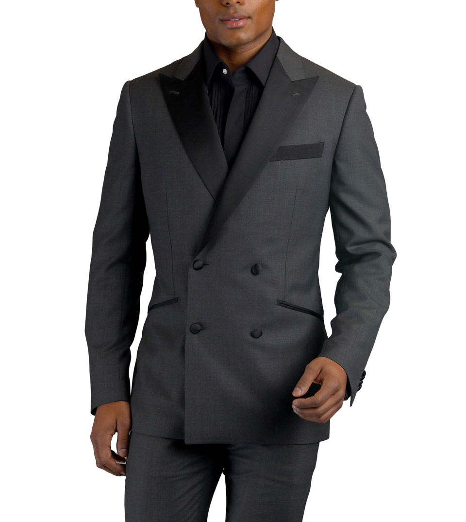 Grey double-breasted wool made-to-measure Tuxedo with contrast black satin trim