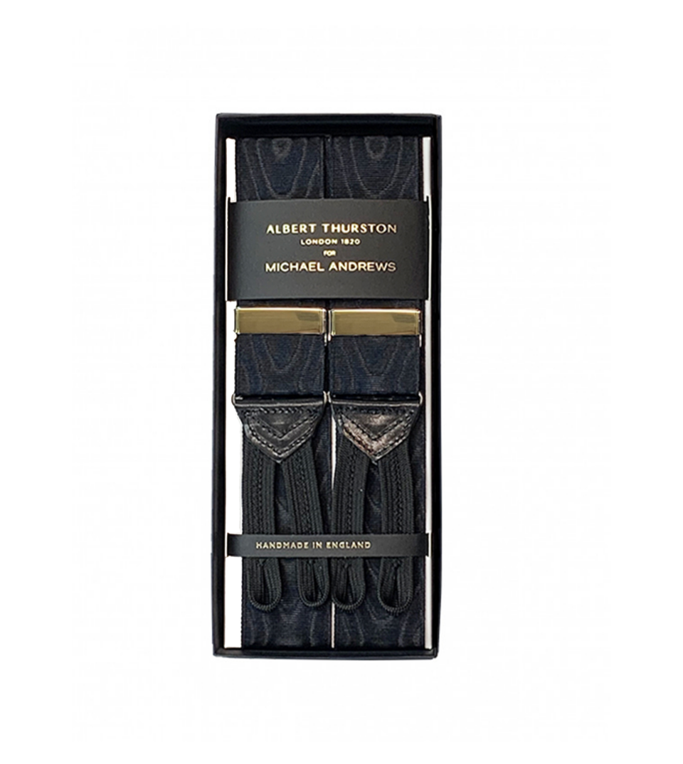 Albert Thurston Black Moire Suspenders with Gold Hardware