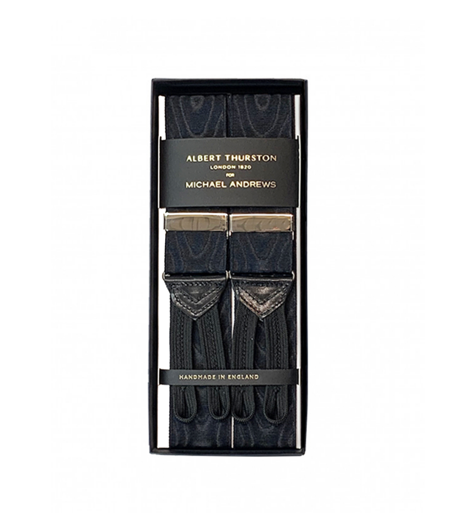 Albert Thurston Black Moire Suspenders with Silver Hardware