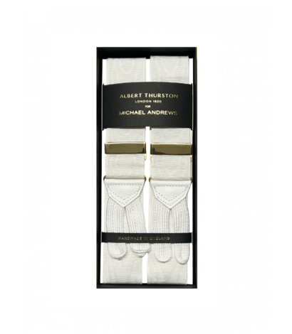 Albert Thurston White Moire Suspenders with Gold Hardware
