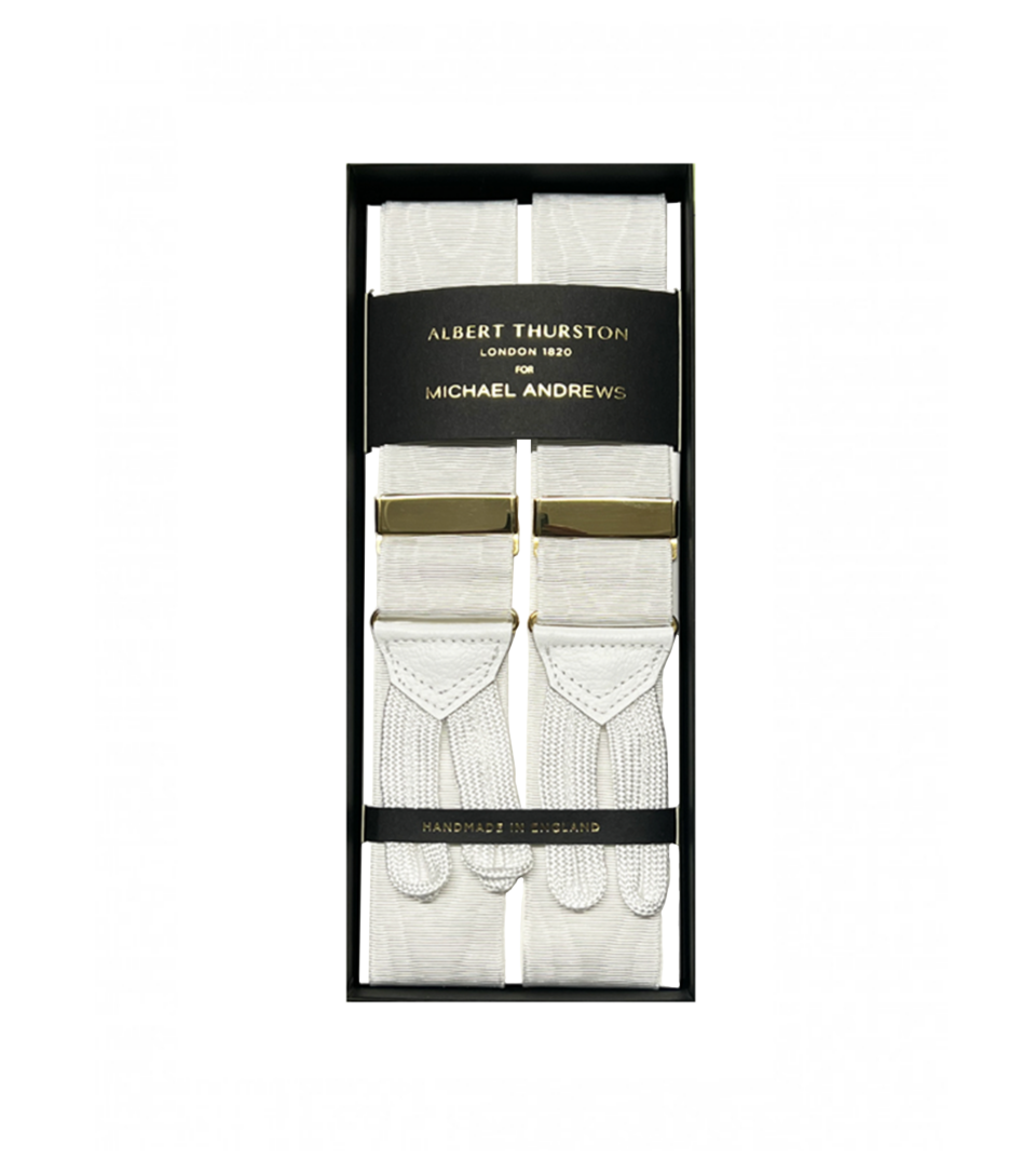 Albert Thurston White Moire Suspenders with Gold Hardware