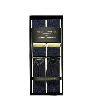 Albert Thurston Navy Moire Suspenders with Gold Hardware