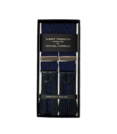Albert Thurston Navy Moire Suspenders with Silver Hardware