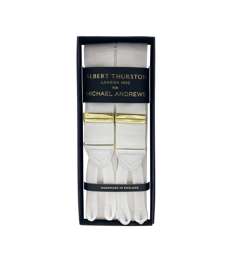 (product) White Solid Suspenders w Gold Hardware