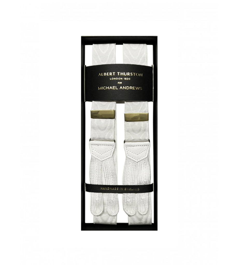White 32mm Moire Suspenders w Gold Hardware (XL) | Michael Andrews