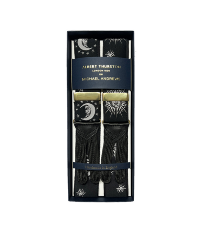 Albert Thurston Black Moon and stars Suspenders with Gold Hardware