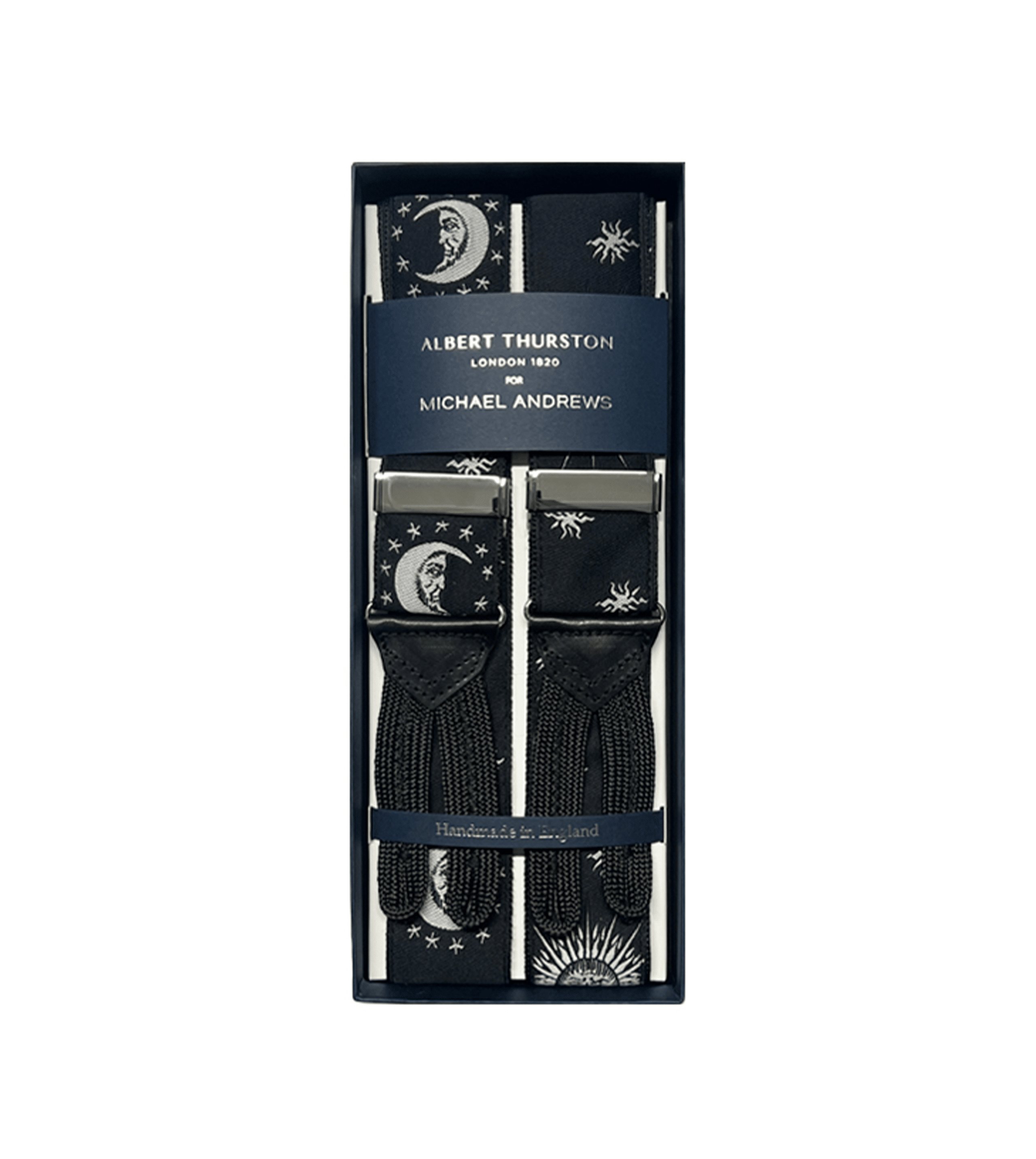 Michael Andrews Bespoke | Black Moon & Stars Suspenders, Silver