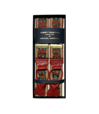 Albert Thurston Salmon and Red Jacquard Peacock Motif Suspenders with Gold Hardware