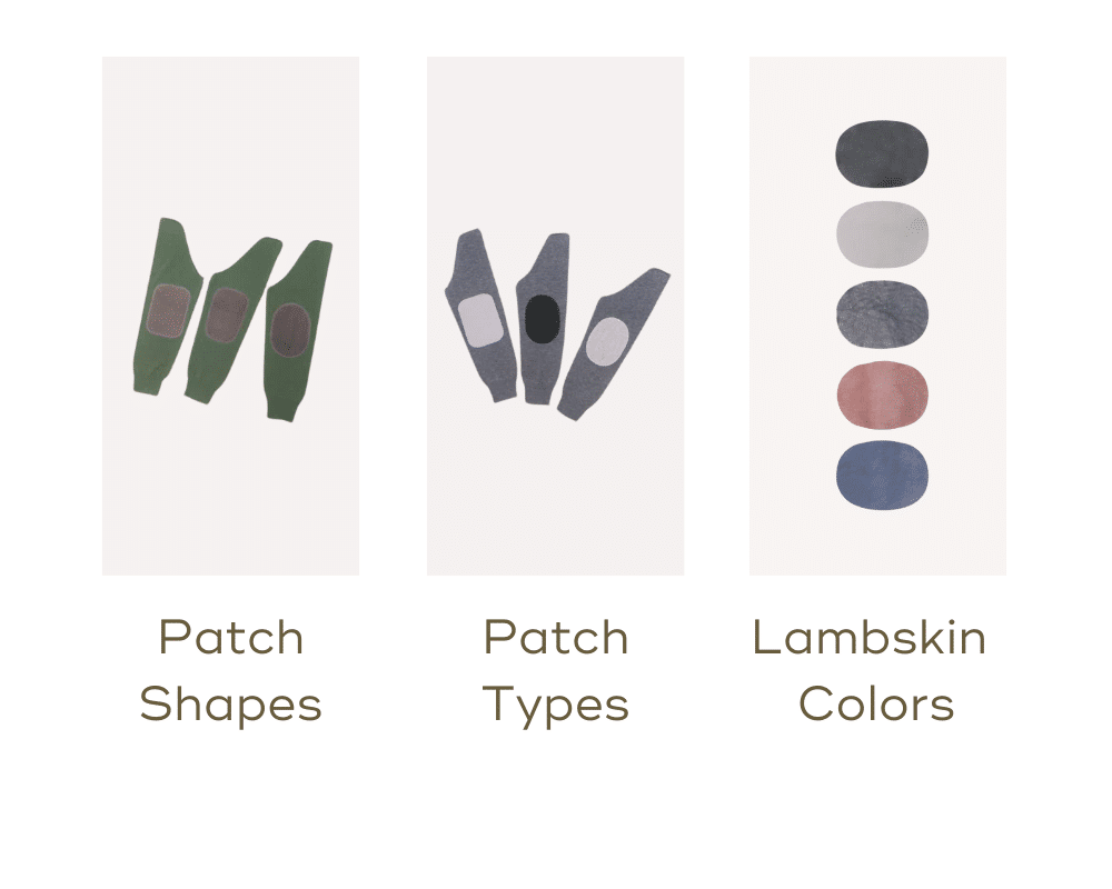 Sweater customization: Elbow patches in three options - Shapes, Types, and Lambskin colors Sweater customization: Elbow patches in three options - Shapes, Types, and Lambskin colors