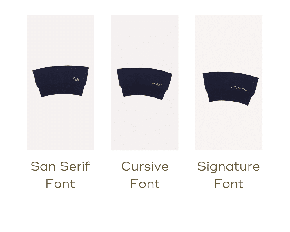 Sweater customization with three font options: San Serif, Cursive, and Signature Sweater customization with three font options: San Serif, Cursive, and Signature